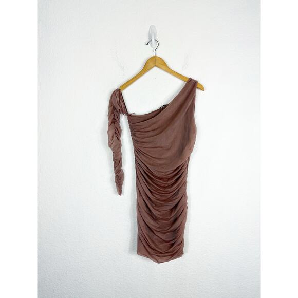 Zara Fitted Asymmetric Draped Organza Dress Medium One Sleeve Ruched Cocktail - Picture 3 of 14